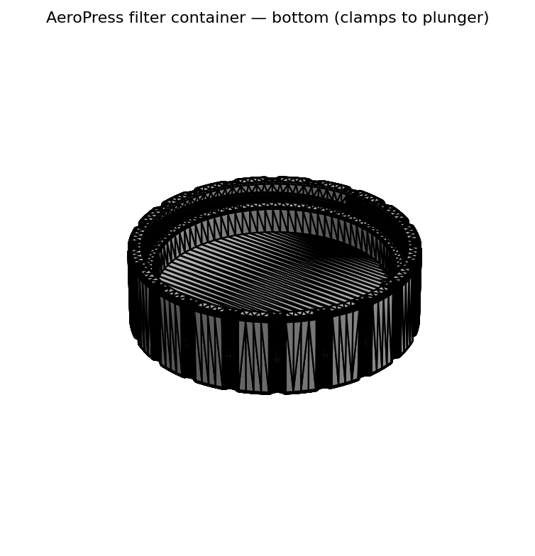 CAD render of the AeroPress filter container bottom half, a short cylindrical part with a ridged outer wall and a thin internal lip that clamps onto the plunger end of the AeroPress