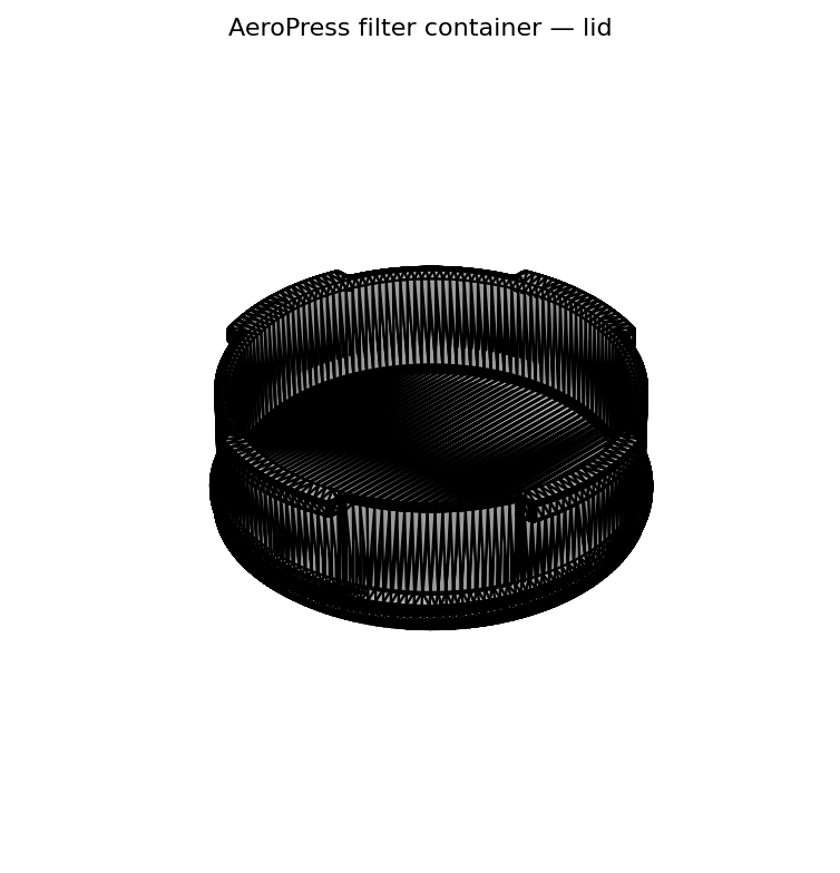 CAD render of the AeroPress filter container lid, a slightly deeper cylindrical part with a smooth outer wall designed to slide down over the bottom half once a stack of paper filters is loaded inside