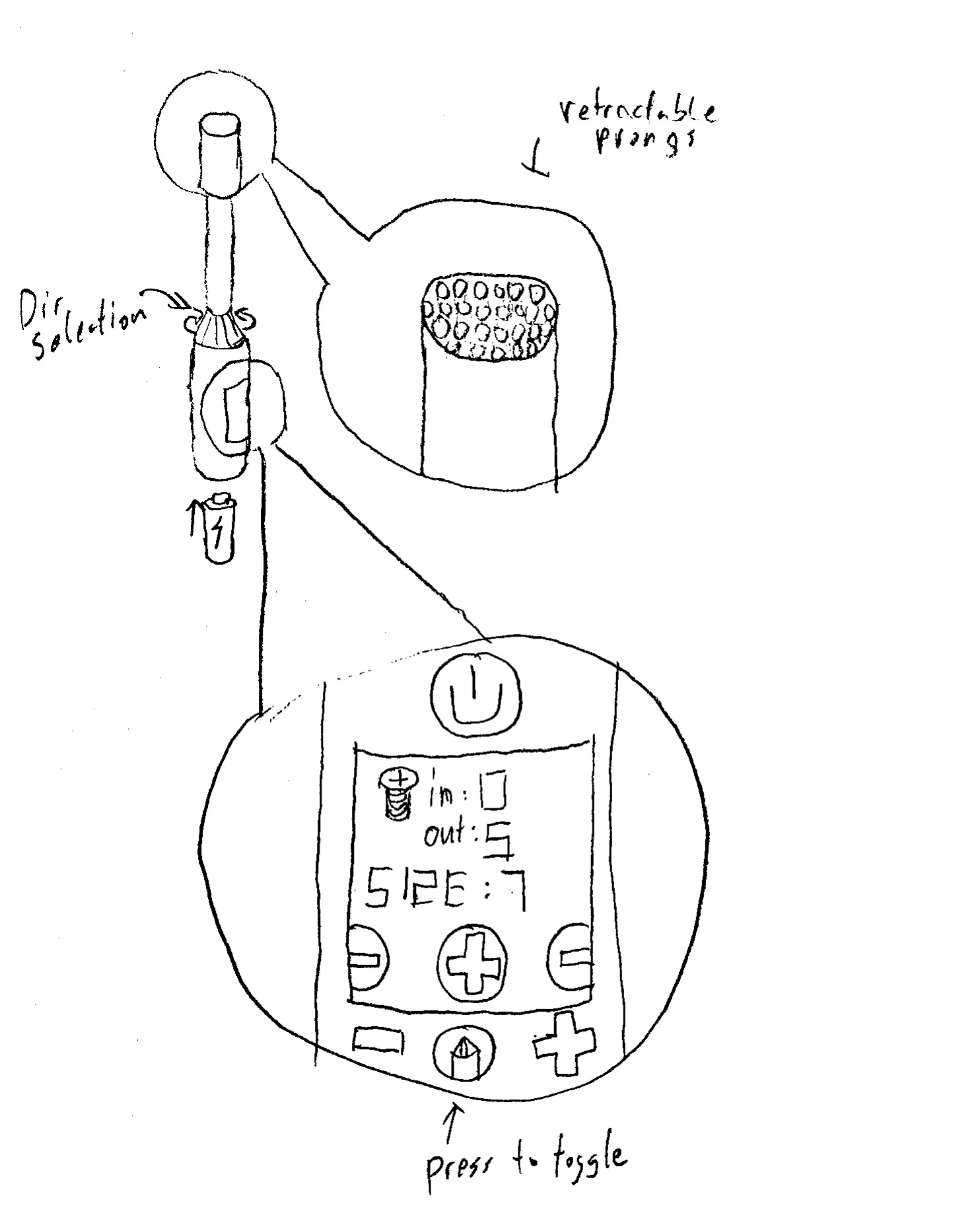 Concept sketch one Hand-drawn concept sketch of the electric screwdriver showing the tool body with a rotating direction-selection ring at the shaft base, a callout of the chuck tip labeled retractable prongs, and a second callout of the side control panel with a power button, an LCD readout showing in, out, and SIZE fields, plus and minus buttons, and a bit toggle button labeled press to toggle
