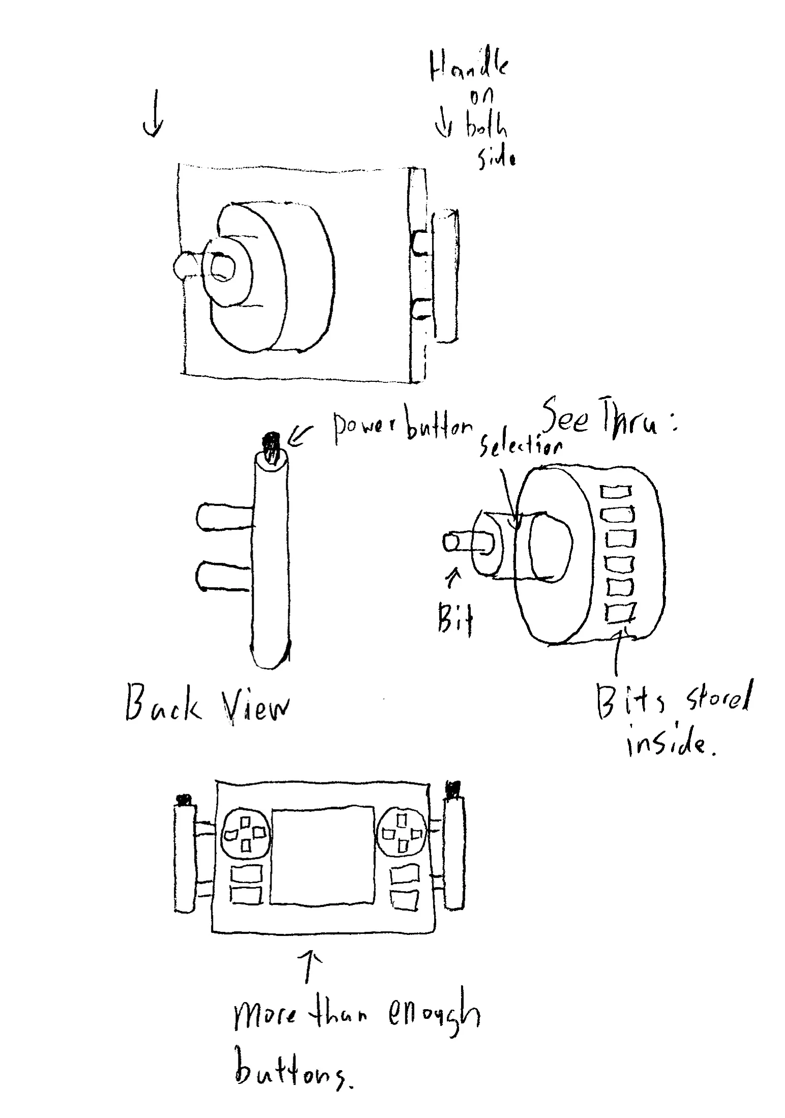 Concept sketch three Hand-drawn concept sketch showing a front view of the circular handle with handles on both sides, a back view with the power button and shaft, a see-through diagram of the chuck with bits stored inside, and a top-down view of the control panel labeled more than enough buttons